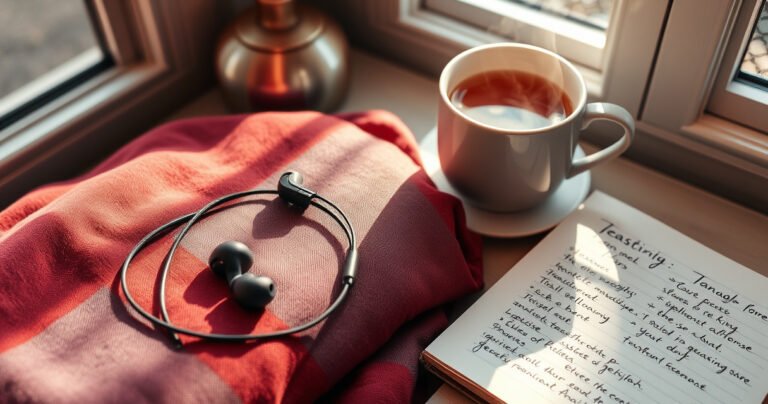 A cozy, inviting workspace with a pair of sleek earbuds resting on a soft, colorful fabric. Nearby, a steaming cup of tea and a notebook filled with handwritten tips create an atmosphere of relaxation. Warm light filters through a window, casting gentle shadows, emphasizing the theme of comfort and personal care in audio experiences.