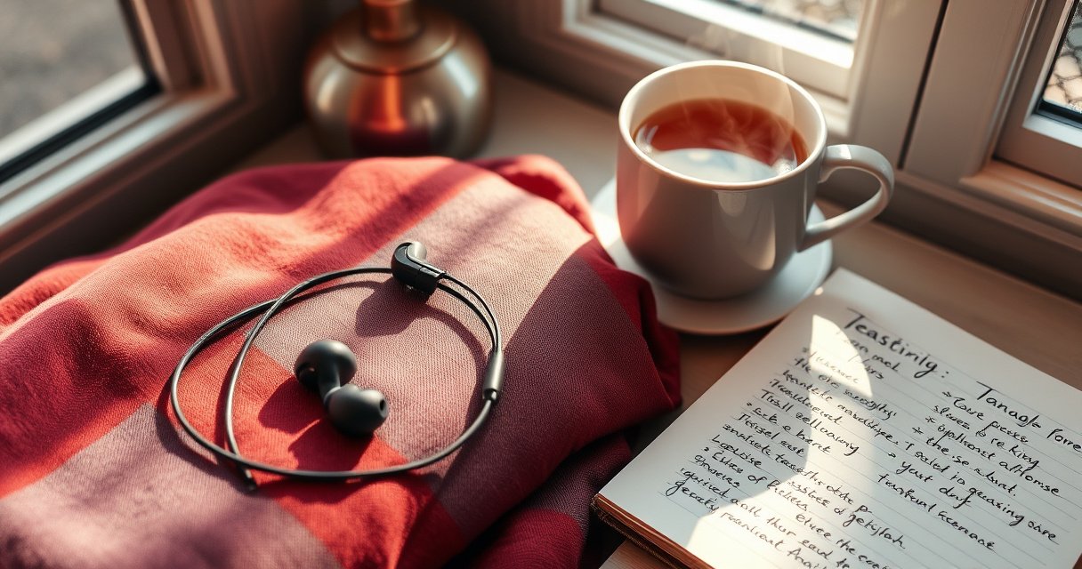 A cozy, inviting workspace with a pair of sleek earbuds resting on a soft, colorful fabric. Nearby, a steaming cup of tea and a notebook filled with handwritten tips create an atmosphere of relaxation. Warm light filters through a window, casting gentle shadows, emphasizing the theme of comfort and personal care in audio experiences.