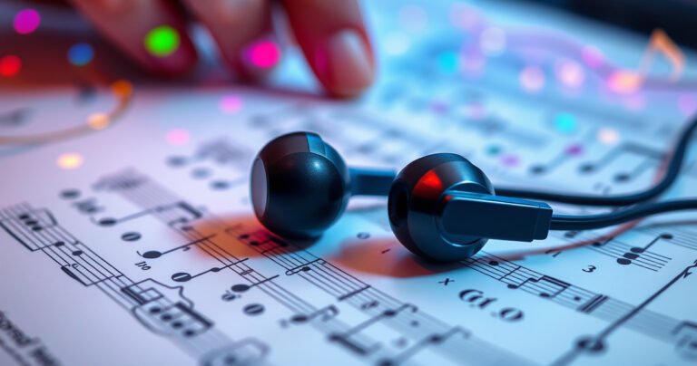 A close-up of a pair of sleek, modern earphones resting on a vibrant music sheet, surrounded by colorful sound waves and musical notes, with a hand adjusting a volume knob in the background, creating an energetic atmosphere that symbolizes enhanced sound and effective fixes.