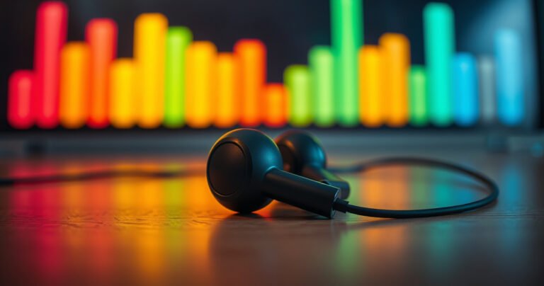 A close-up of a pair of sleek, modern earphones resting on a wooden table, surrounded by vibrant sound waves emanating from them. The background features a blurred digital equalizer, with colorful bars rising and falling, symbolizing enhanced audio. Soft, warm lighting highlights the earphones, creating an inviting atmosphere for music lovers.