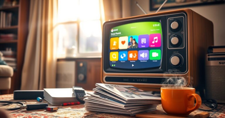 A vintage television set in a cozy living room, with colorful smart device accessories scattered around. The screen displays a modern streaming interface with vibrant icons. Sunlight streams through a window, highlighting a pile of tech manuals and a steaming cup of coffee, creating a warm, inviting atmosphere that blends nostalgia with innovation.