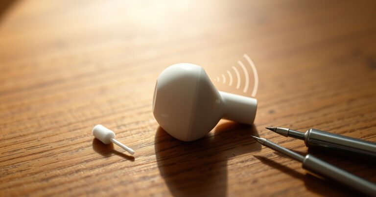 A close-up of a white earbud resting on a wooden table, one side illuminated by soft, natural light. The other side lies in shadow, with soundwaves vividly visualized around it, representing volume disparity. Scattered tools like a cotton swab and a tiny screwdriver hint at DIY repairs, evoking a sense of urgency and creativity.