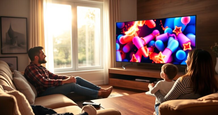 A cozy living room with a large smart TV displaying a vibrant full-screen image, surrounded by comfortable furniture. Sunlight streams through the window, illuminating the space. A remote control rests on the coffee table, while a family enjoys a movie night together, laughter and joy evident on their faces.