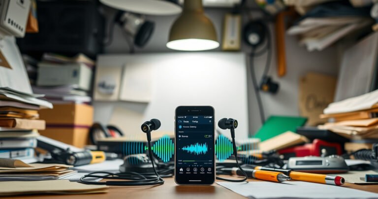 An open, cluttered workspace featuring a pair of sleek, modern earphones beside a smartphone displaying sound settings. Surrounding them are colorful sound waves radiating outward, symbolizing increased volume. A bright light illuminates the scene, emphasizing simplicity and clarity, with notes and tools scattered about, suggesting practical solutions to enhance audio experiences.