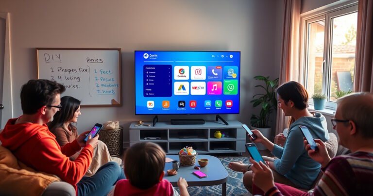 A cozy living room with a sleek, modern TV displaying a vibrant app interface, surrounded by family members happily using smartphones and tablets, colorful gadgets scattered around, warm lighting creating an inviting atmosphere, a whiteboard with DIY steps in the background, and a window showing a sunny day outside.