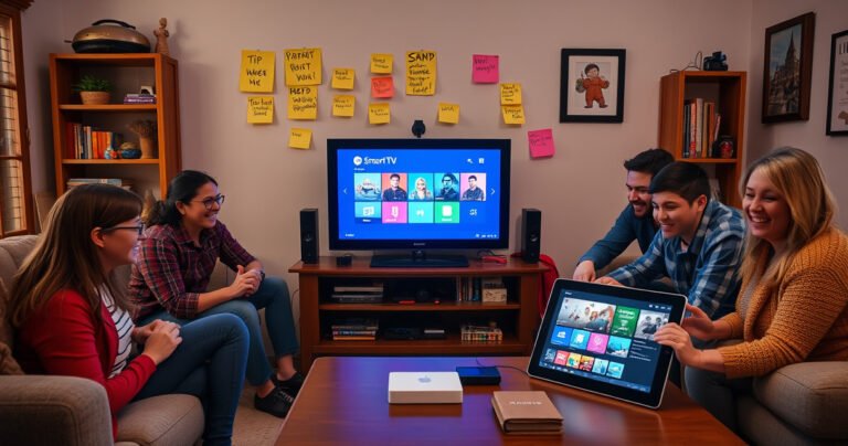 A cozy living room with a traditional TV surrounded by vibrant tech gadgets, colorful cables, and a cheerful family gathering around. Brightly colored post-it notes with tips and steps stick to the wall, while a tablet displaying a smart TV interface rests on the coffee table. Soft lighting creates a warm, inviting atmosphere.