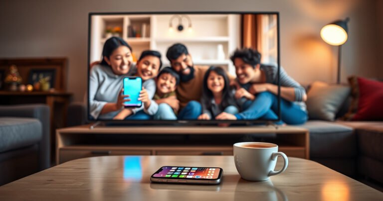 A cozy living room scene featuring a modern smart TV displaying a vibrant smartphone screen mirrored on it, with a diverse family gathered around, joyfully sharing moments. Soft ambient lighting creates a warm atmosphere, while the smartphone, with colorful app icons, sits on a stylish coffee table next to a steaming cup of coffee.
