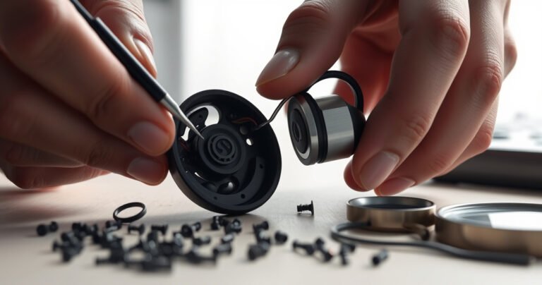 An open pair of sleek, modern earphones revealing intricate inner components, including tiny drivers and wires, set against a minimalist, softly lit workspace. A pair of hands gently manipulating the earphones with precision tools, surrounded by scattered small screws and a magnifying glass, creating a sense of focused exploration and DIY ingenuity.