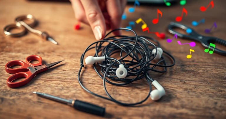A close-up of a pair of tangled wired earphones resting on a wooden table, with a hand gently pulling them apart. Scattered tools like small scissors and a screwdriver are nearby, surrounded by colorful music notes floating in the air, creating a dynamic atmosphere of creativity and problem-solving.