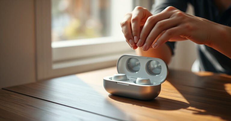 A close-up of a sleek, modern wireless earbuds case resting on a wooden table, slightly open with the earbuds gently glowing inside. Soft, natural light filters through a nearby window, casting delicate shadows, while a pair of hands, delicately poised, demonstrate the opening technique, highlighting the seamless blend of technology and user-friendly design.