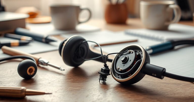 An open pair of earphones with intricate internal components visible, surrounded by small tools like a screwdriver and tweezers. Soft lighting highlights the delicate wires and circuitry, creating an inviting workspace atmosphere. A blurred background features a cozy desk with scattered notes and a coffee mug, emphasizing a hands-on, DIY vibe.