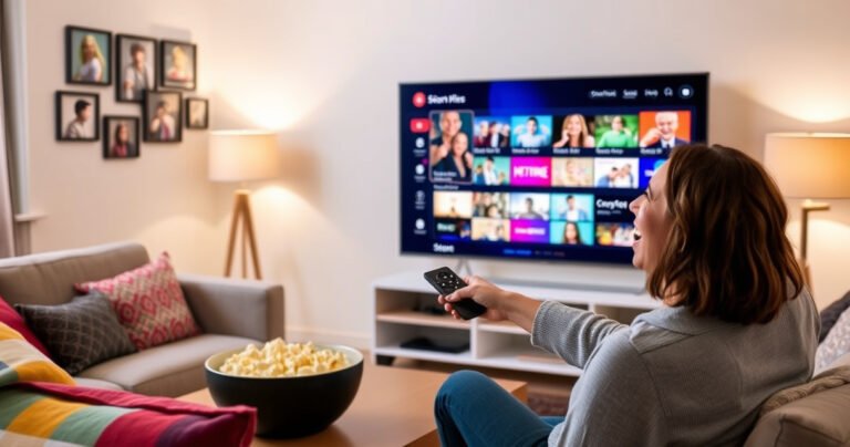 A cozy living room with a modern smart TV displaying vibrant streaming options. A person joyfully navigating the interface using a sleek remote, surrounded by colorful cushions and a warm glow from a table lamp. The wall is adorned with family photos, and a bowl of popcorn sits on the coffee table, evoking a relaxed movie night atmosphere.