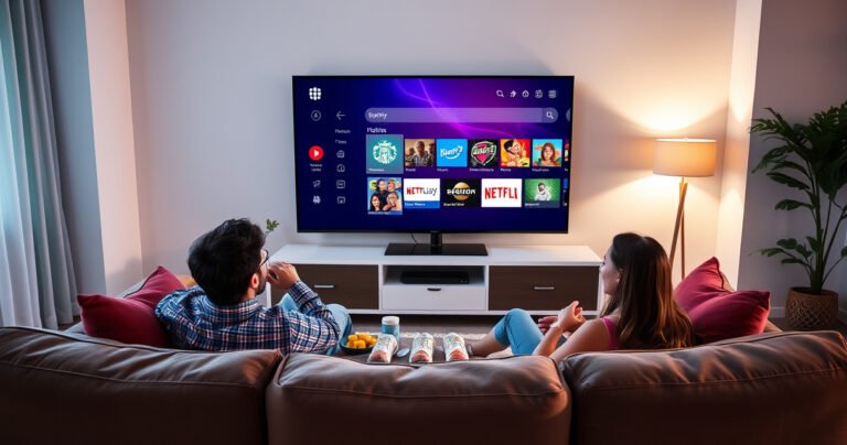 A cozy living room scene featuring a modern smart TV displaying a vibrant menu interface. A family lounges on a plush sofa, engaged with the TV, surrounded by snacks and a warm ambiance. Soft lighting highlights the sleek design of the TV and the joy of shared entertainment, emphasizing simplicity and connectivity.