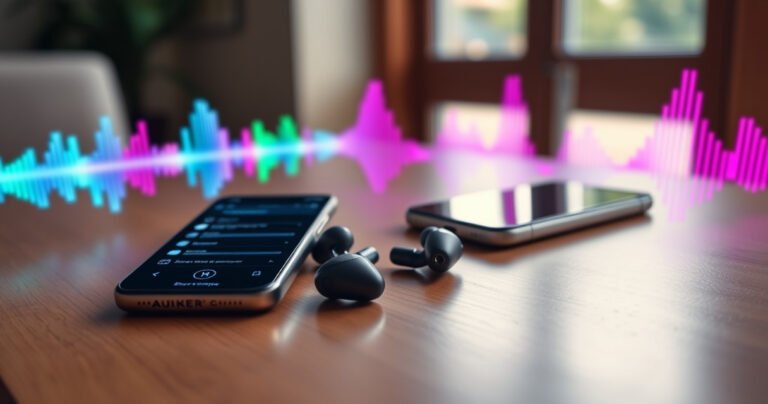 A close-up of sleek Anker Soundcore earbuds resting on a wooden table, surrounded by vibrant sound waves visualizations in colorful hues, with a smartphone displaying the Bluetooth settings screen nearby. Soft, natural light filters through a window, creating a warm, inviting atmosphere that hints at a seamless audio experience.