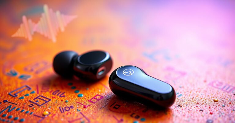 A close-up of sleek, modern wireless earbuds resting on a vibrant, textured surface, surrounded by colorful soundwave patterns and step-by-step pairing instructions lightly sketched in the background. Soft ambient lighting highlights the earbuds' glossy finish, creating an inviting tech-inspired atmosphere that exudes innovation and ease of use.