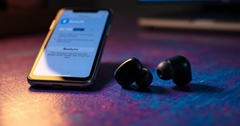 A close-up of sleek Boltune earbuds resting on a vibrant, textured surface with a glowing smartphone displaying Bluetooth settings in the background. Soft, ambient lighting highlights the earbuds' elegant design, while the atmosphere conveys a sense of modern technology and ease, inviting readers to explore the pairing process effortlessly.