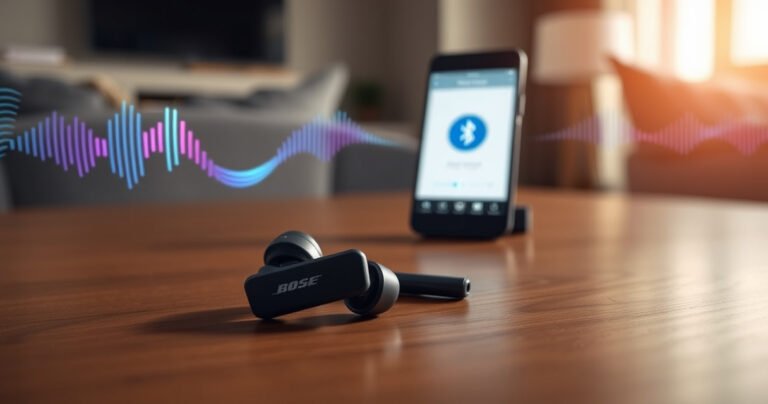A close-up view of sleek Bose QuietComfort earbuds resting on a modern wooden table, surrounded by vibrant sound waves and digital connection icons, with a soft, inviting ambiance. In the background, a minimalist smartphone displaying a Bluetooth pairing screen, emphasizing a tech-savvy lifestyle, all bathed in warm, natural light.