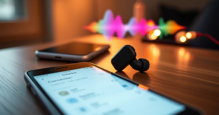 A close-up of sleek JLab earbuds resting on a wooden table, surrounded by a glowing smartphone displaying connection settings. Soft, warm lighting highlights the earbuds’ design, while hints of colorful sound waves swirl in the background, symbolizing connectivity and music, creating an inviting atmosphere for tech enthusiasts.