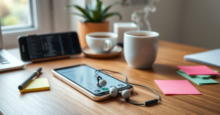 A cozy home office setup featuring a pair of sleek EarFun earbuds resting on a wooden desk, surrounded by a smartphone displaying a Bluetooth menu, a steaming cup of coffee, and colorful sticky notes. Soft, natural light filters through a nearby window, creating an inviting atmosphere that emphasizes simplicity in technology and productivity.