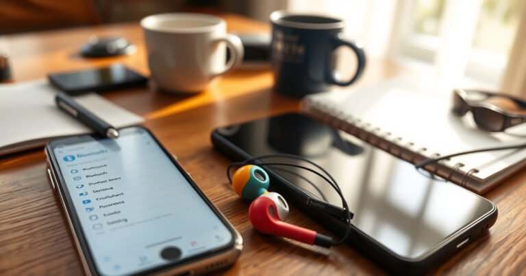 A close-up of stylish, vibrant earbuds resting on a wooden table, surrounded by a smartphone displaying a Bluetooth settings menu. Soft morning light filters through a nearby window, illuminating a cozy workspace with a coffee mug, notebook, and scattered tech accessories, creating an inviting atmosphere for exploring audio setup tips.