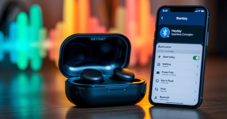 A close-up of sleek Heyday wireless earbuds nestled in an open charging case, surrounded by vibrant soundwave patterns in the background, symbolizing seamless connection. Soft, warm lighting highlights the earbuds' modern design, while a blurred smartphone displays a Bluetooth settings menu, illustrating the pairing process. An inviting atmosphere evokes a sense of technological harmony and ease.
