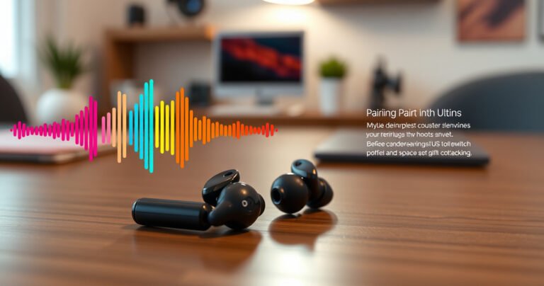 A close-up of sleek, modern TWS earbuds resting on a wooden table, surrounded by colorful soundwave graphics and pairing instructions in stylish typography, with a soft ambient light illuminating the scene, highlighting the earbuds' glossy finish against a blurred background of a cozy, tech-inspired workspace.