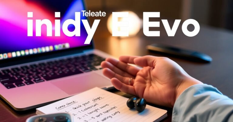 A stylish, modern workspace featuring a sleek laptop and a pair of Indy Evo earbuds prominently displayed. Soft ambient lighting highlights the earbuds’ design, while a hand hovers nearby, ready to connect them. A notepad with quick pairing steps is partially visible, creating a sense of action and tech-savvy elegance.