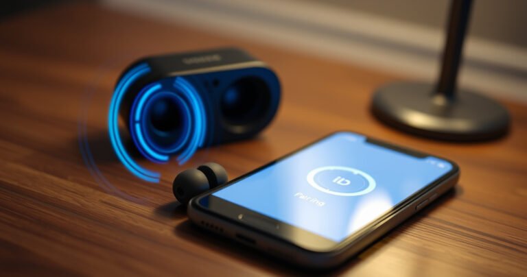 A close-up of sleek Indy Fuel earbuds resting on a wooden table, surrounded by vibrant sound waves visually emanating from them. Soft, ambient lighting highlights the earbuds’ modern design, while a smartphone displaying a pairing screen is artfully positioned nearby, creating a tech-savvy atmosphere that invites viewers to explore the pairing process.