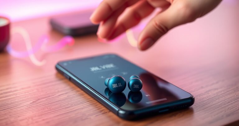 A close-up of vibrant JBL Vibe earbuds resting on a sleek, modern wooden desk, surrounded by colorful sound waves emanating from a smartphone displaying a pairing screen. Soft ambient lighting highlights the earbuds, creating a tech-savvy atmosphere, while a hand reaches out to connect, symbolizing an effortless and stylish pairing experience.