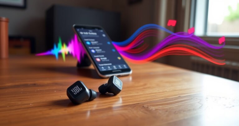 A sleek pair of JBL wireless earbuds resting on a wooden table, surrounded by colorful sound waves radiating in the air, with a smartphone displaying a Bluetooth settings screen in the background. Soft natural light filters through a nearby window, highlighting the earbuds’ design and the vibrant energy of music.