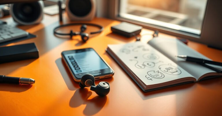 A sleek pair of JLab wireless earbuds resting on a vibrant, modern desk, surrounded by a smartphone displaying a Bluetooth menu. Soft sunlight filters through a nearby window, casting a warm glow on the earbuds, while tech gadgets and an open notebook with doodles hint at a creative workspace.