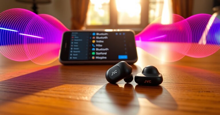 A sleek pair of JVC wireless earbuds resting on a wooden table surrounded by vibrant sound waves visualized in neon colors, with a smartphone displaying a Bluetooth menu in the background, sunlight streaming through a window, creating a warm, inviting ambiance that conveys seamless technology and effortless connectivity.