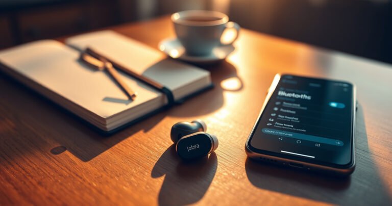 A sleek pair of Jabra earbuds resting on a polished wooden table, illuminated by warm sunlight. Nearby, an elegant iPhone displays the Bluetooth settings screen. Soft bokeh in the background features cozy, inviting elements like a cup of coffee and a notebook, creating a tech-savvy yet relaxed atmosphere.