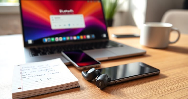 A sleek pair of Jabra Elite earbuds resting on a modern wooden desk, surrounded by a smartphone and a laptop displaying a vibrant Bluetooth pairing screen. Soft morning light filters through a nearby window, illuminating the earbuds' glossy finish, while a notepad with handwritten notes and a cup of coffee adds a cozy, tech-savvy atmosphere.