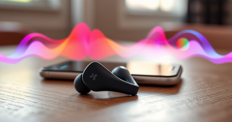 A close-up of sleek Jaybird earphones resting on a wooden table, surrounded by vibrant sound waves visually represented in bright colors. A smartphone with a glowing Bluetooth icon nearby, showing a user-friendly interface. Soft, natural light filters in, creating an inviting atmosphere that emphasizes the ease of setup and the joy of music.