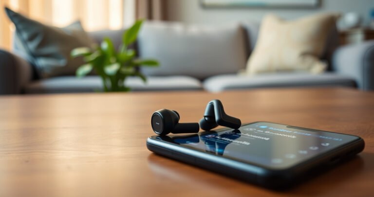A close-up of sleek Soundcore earbuds resting on a wooden table, surrounded by a glowing smartphone displaying Bluetooth settings. Soft, warm lighting highlights the earbuds' modern design, while a blurred background features a cozy living room with soft cushions and a vibrant plant, creating an inviting atmosphere for tech enthusiasts.