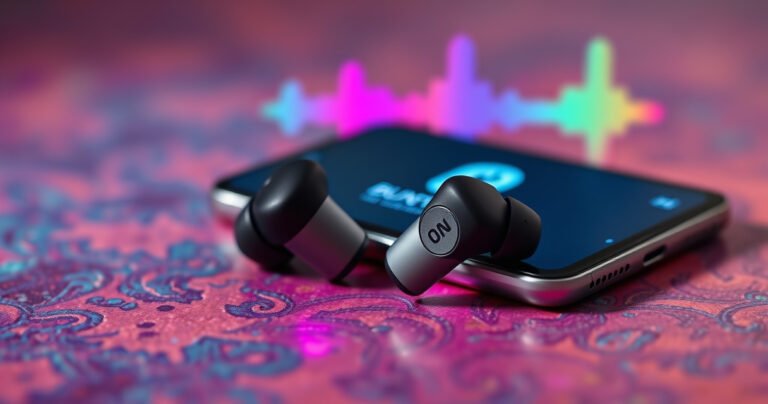 A close-up of sleek ONN wireless earbuds resting on a vibrant, textured surface, surrounded by a glowing smartphone displaying a Bluetooth pairing screen. Soft ambient light highlights the earbuds' modern design, while colorful sound waves ripple in the background, symbolizing connectivity and seamless audio experience, inviting readers into the world of effortless tech pairing.
