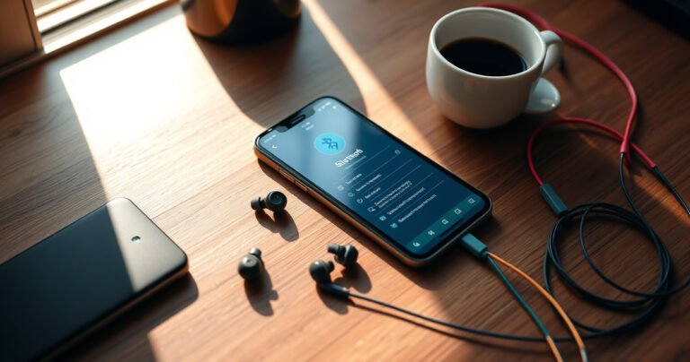 A stylish flat lay featuring PLT earbuds on a sleek wooden desk, surrounded by a smartphone displaying a Bluetooth settings screen, colorful cables, and a cup of coffee, all softly illuminated by natural light streaming through a nearby window, evoking a modern tech vibe and a sense of effortless connectivity.
