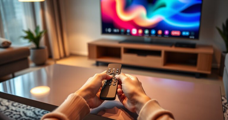 A sleek Philips Smart TV remote lies on a modern coffee table, surrounded by a cozy living room setting. A glowing TV screen displays vibrant colors, while a pair of hands gently hold the remote, poised to connect. Soft lighting enhances the warm atmosphere, inviting viewers into a seamless tech experience.