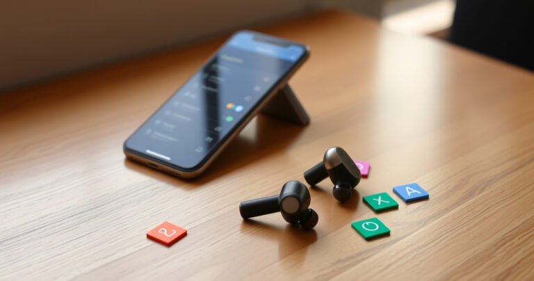 A sleek pair of ROHS earbuds resting on a wooden table, surrounded by a smartphone displaying a Bluetooth settings menu. Soft morning light filters through a nearby window, highlighting the earbuds' elegant design. Scattered next to them are colorful, minimalist icons representing quick setup steps, creating an inviting atmosphere for tech enthusiasts.