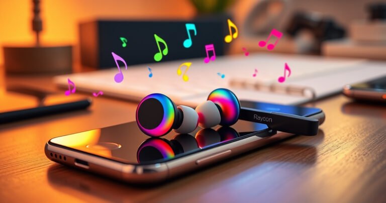 A close-up of vibrant Raycon earbuds resting on a sleek smartphone, surrounded by colorful musical notes and sound waves emanating from the device. The backdrop features a cozy workspace with warm lighting, showcasing a stylish desk and hints of technology, emphasizing the seamless connection between music and modern life.