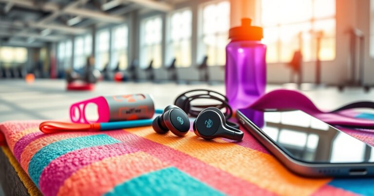 A close-up of sleek Raycon fitness earbuds resting on a vibrant gym towel, surrounded by colorful workout gear, a water bottle, and a smartphone displaying a Bluetooth connection screen, all set against a bright, energizing background of a modern gym filled with exercise equipment and sunlight streaming through large windows.