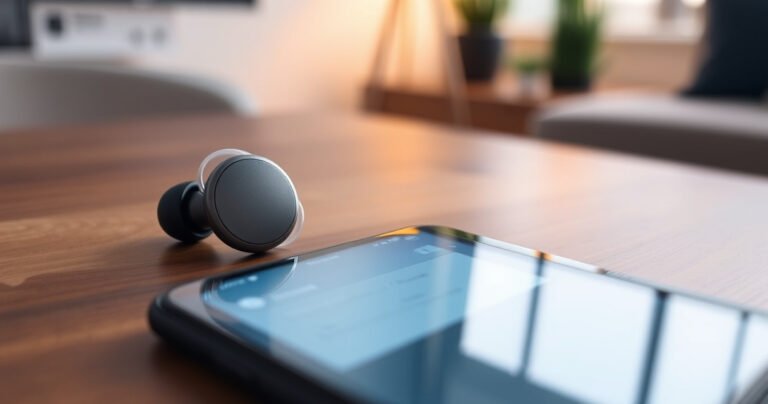 A close-up of sleek Sentry Bluetooth earbuds resting on a stylish wooden table, with a smartphone displaying a Bluetooth settings screen beside them. Soft, ambient lighting highlights the earbuds’ metallic finish, while the background features hints of greenery and modern decor, creating a serene, tech-savvy atmosphere perfect for a setup guide.
