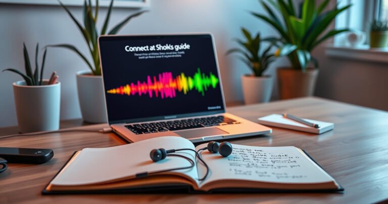 A vibrant, modern workspace featuring a sleek laptop displaying a step-by-step guide on connecting Shokz earphones, colorful soundwaves visually emanating from the earphones, a cozy atmosphere with indoor plants, soft lighting, and an open notebook with handwritten notes, inviting viewers to explore seamless audio experiences.