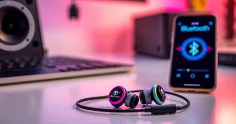 A close-up of vibrant Skull Candy earbuds resting on a sleek, modern desk, surrounded by colorful sound wave graphics and a smartphone displaying a Bluetooth connection screen, all bathed in soft, ambient lighting, evoking a sense of tech-savvy style and seamless connectivity.