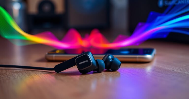 A vibrant, close-up scene of a pair of sleek Skullcandy Bluetooth earbuds resting on a wooden surface, surrounded by colorful sound waves visualized in the air. In the background, a smartphone with a glowing Bluetooth icon appears, creating a tech-savvy and inviting ambiance that suggests effortless connectivity and modern lifestyle.
