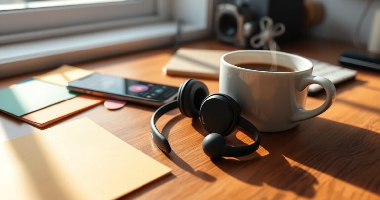 A vibrant, cozy workspace featuring a pair of sleek Skullcandy Bluetooth earphones resting on a wooden desk, surrounded by colorful notes, a smartphone displaying a music app, and a steaming cup of coffee. Soft morning light filters through a window, casting gentle shadows, creating an inviting atmosphere for tech enthusiasts.