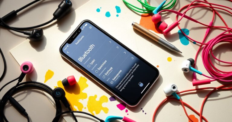 A vibrant flat lay of a sleek iPhone displaying Bluetooth settings, surrounded by colorful Skullcandy earbuds in various styles. Soft natural light illuminates the scene, highlighting the earbuds' unique designs, with playful splashes of color reflecting a modern, tech-savvy lifestyle. A stylish notepad and pen hint at the quick pairing steps ready to be noted.