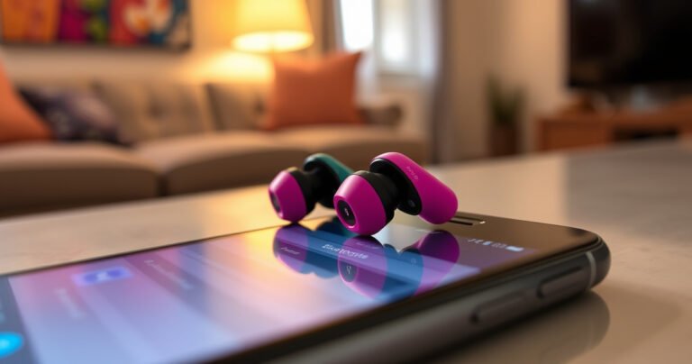 A close-up of vibrant Skullcandy Jib Wireless Earbuds resting on a sleek, modern smartphone screen displaying Bluetooth settings. The background features a soft-focus of a cozy, stylish living room, with warm lighting and a hint of colorful artwork, conveying a sense of tech-savvy comfort and effortless connectivity.
