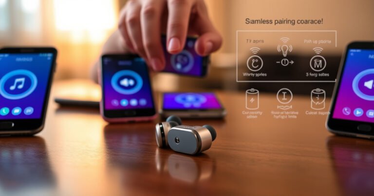 A sleek pair of SoundPEATS earbuds glistening on a wooden table, surrounded by vibrant smartphone screens displaying connection icons. Soft ambient light casts a warm glow, highlighting the earbuds' modern design. A hand reaches towards the phone, hinting at the seamless pairing process, while notes and diagrams illustrating steps are subtly blurred in the background.